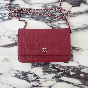 CHANEL Red/Maroon Camellia Embossed Lambskin WOC Silver HW w/ Zeko's COA